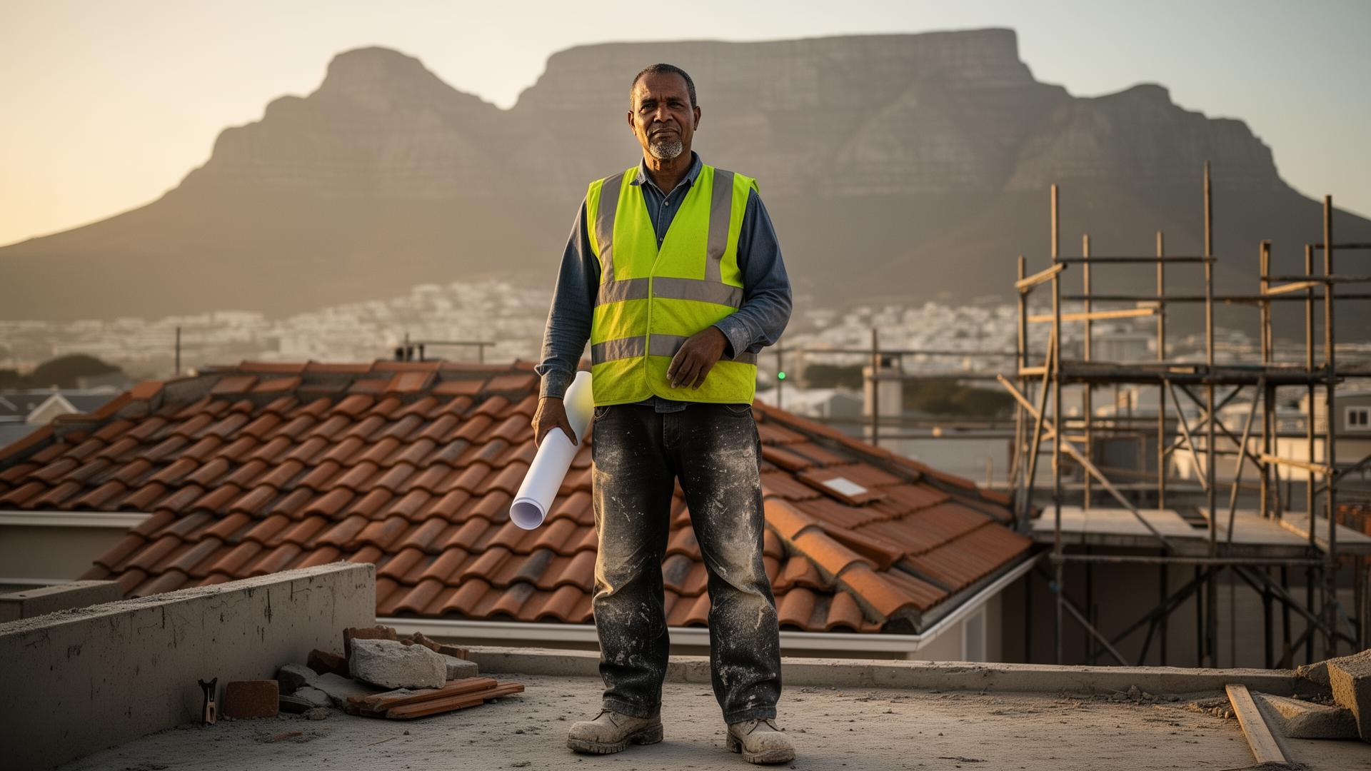 ZK Construction foreman holding rolled blueprints on a Cape Town residential rooftop with Table Mountain in the background at golden hour