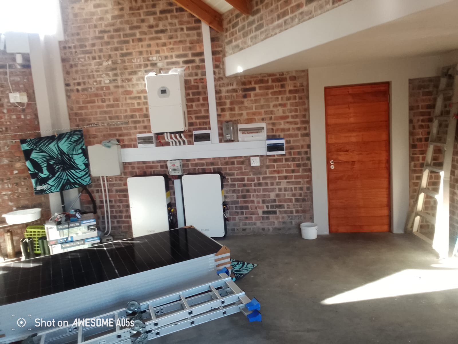 Two ZK painters on aluminium ladders rolling warm off-white paint onto a Plumstead home's exterior wall under a jacaranda