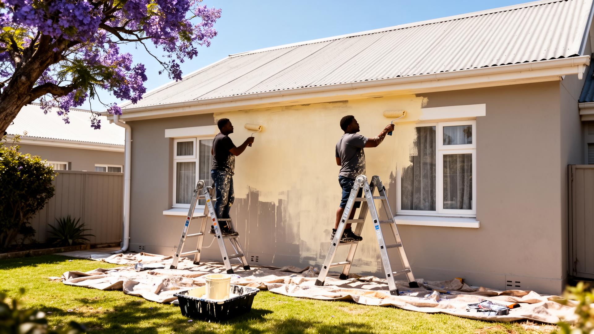Two ZK painters on aluminium ladders rolling warm off-white paint onto a Plumstead home's exterior wall under a jacaranda