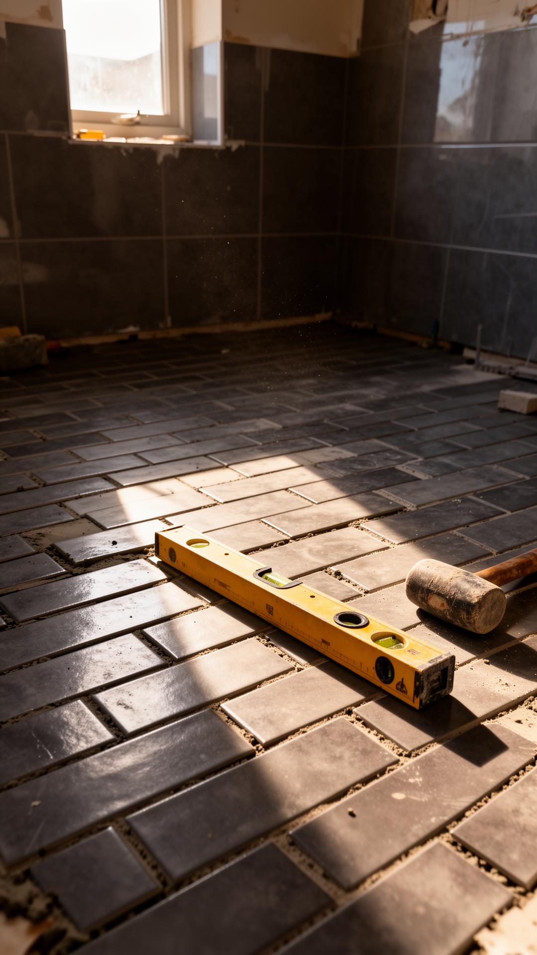 Charcoal porcelain tiles freshly laid in a Cape Town bathroom with a yellow spirit level and rubber mallet